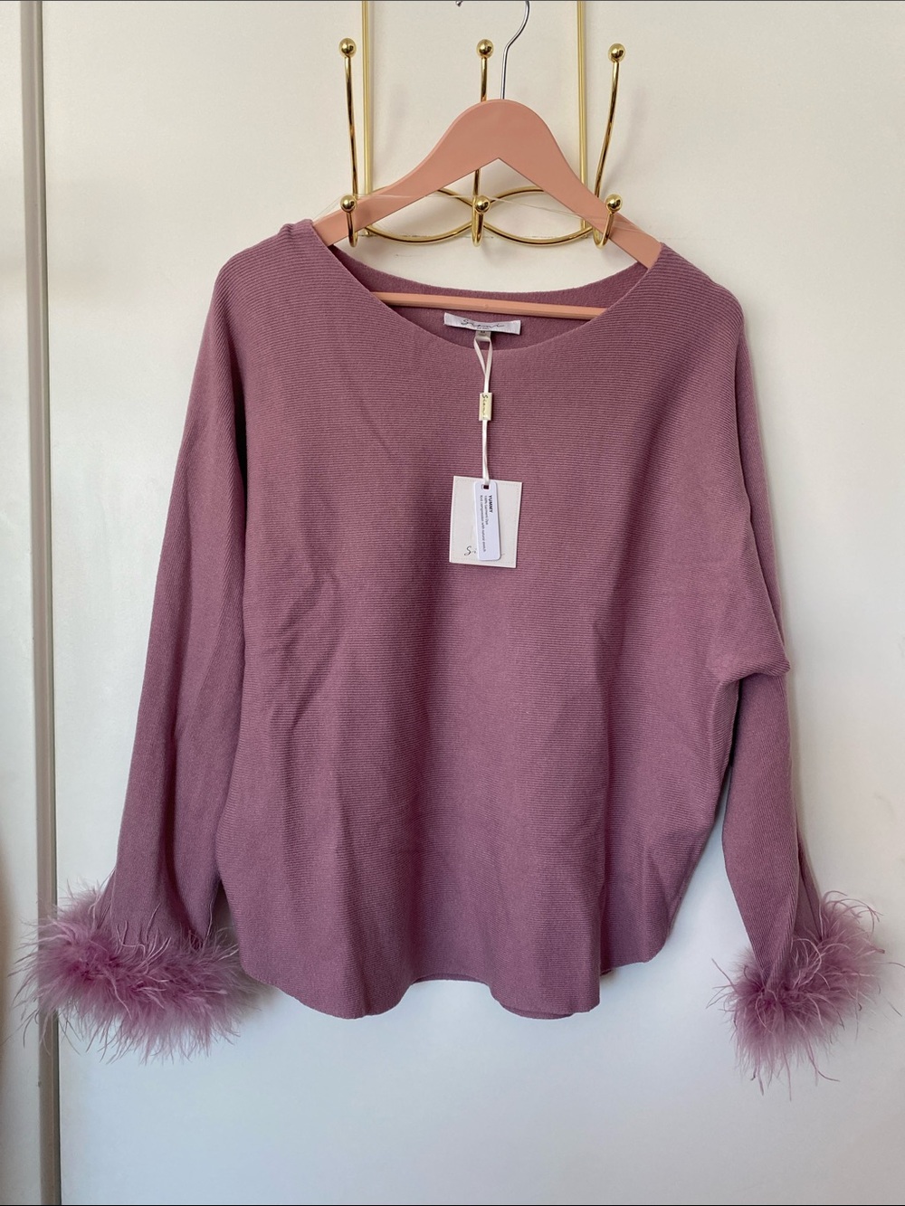 SIONI Mauve Sweater with Feathers Sleeves NWT!